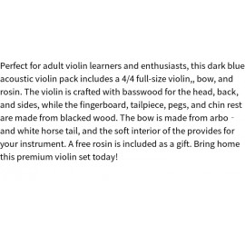 4/ 4 Full Size Dark Blue Acoustic Violin Pack with Arbor White Horse Tail Bow and Basswood Violin