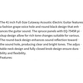 Full- Size Cutaway Acoustic- Electric Guitar with Grape Voice Hole Spruce Top Round Back Sunset Color - 41 inch