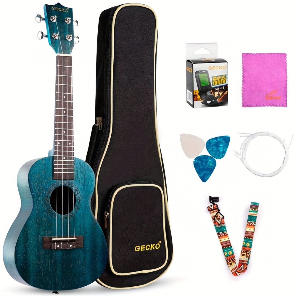 GECKO Concert Ukulele Mahogany 23 Inch - Beginner Kit with Gig Bag, Strap, Nylon Strings, Picks, Cloth