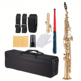 Brass Straight Soprano Sax Saxophone Bb B Flat Woodwind Instrument Natural Shell Key Carve Pattern With Carrying Case Gloves Cleaning Cloth Straps Cleaning Rod