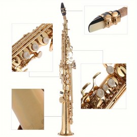 Brass Straight Soprano Sax Saxophone Bb B Flat Woodwind Instrument Natural Shell Key Carve Pattern With Carrying Case Gloves Cleaning Cloth Straps Cleaning Rod