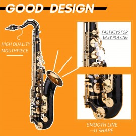 B-flat Tenor Saxophone Bb Black Lacquer Sax with Instrument Case Mouthpiece Reed Neck Strap Cleaning Cloth Brush for Musicians Beginners