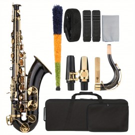 B-flat Tenor Saxophone Bb Black Lacquer Sax with Instrument Case Mouthpiece Reed Neck Strap Cleaning Cloth Brush for Musicians Beginners