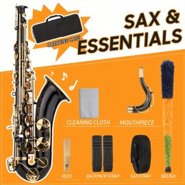 B-flat Tenor Saxophone Bb Black Lacquer Sax with Instrument Case Mouthpiece Reed Neck Strap Cleaning Cloth Brush for Musicians Beginners