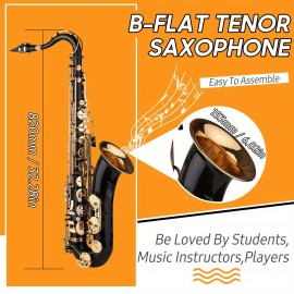 B-flat Tenor Saxophone Bb Black Lacquer Sax with Instrument Case Mouthpiece Reed Neck Strap Cleaning Cloth Brush for Musicians Beginners