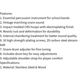 Marching Drum Set with Drumsticks Key Strap - Percussion Instrument for School Band - Adjustable Shoulder Strap Included