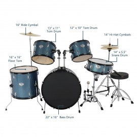 MCH 22 inch Drum Kit for Adults Beginner with Pedal Cymbals Stands Stool and Sticks, Blue