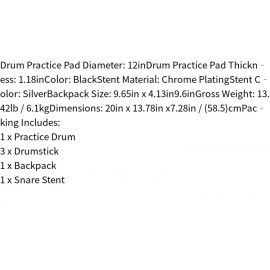 Complete Drum Practice Pad Kit with Snare Drum Simulator Backpack and Drumsticks - Includes Double- braced Tripods High- density Compressed Wood Pad and Chrome Plating Stent