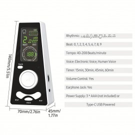 Electronic Digital Metronome Timer Universal Electronic Metronome with Volume and Beat Speed Control Battery USB Cable Powered