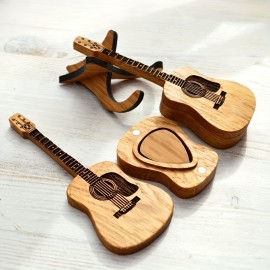 5PCS Unique Wooden Guitar Pick Box with Stand - Engraved Musician Plectrum Case for Acoustic Electric Bass Guitar Ukulele - Handcrafted Wooden Holder with Display Stand for Guitar Enthusiasts