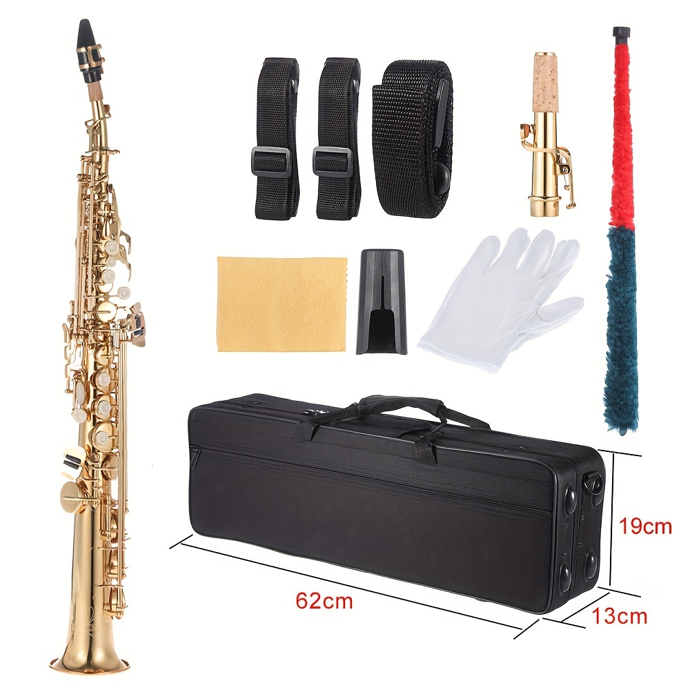 brass straight soprano sax saxophone bb b flat woodwind instrument natural shell key carve pattern with carrying case gloves cleaning cloth straps cleaning rod details 0