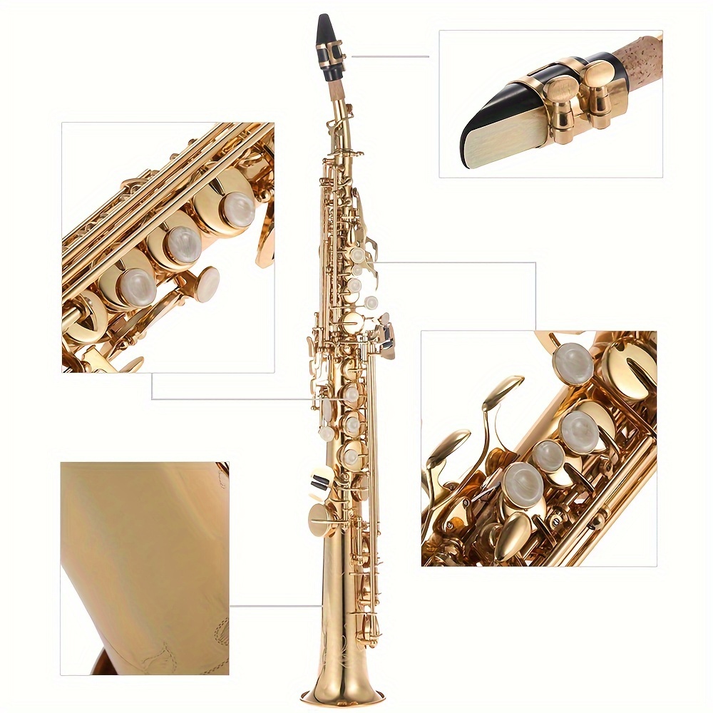 brass straight soprano sax saxophone bb b flat woodwind instrument natural shell key carve pattern with carrying case gloves cleaning cloth straps cleaning rod details 4