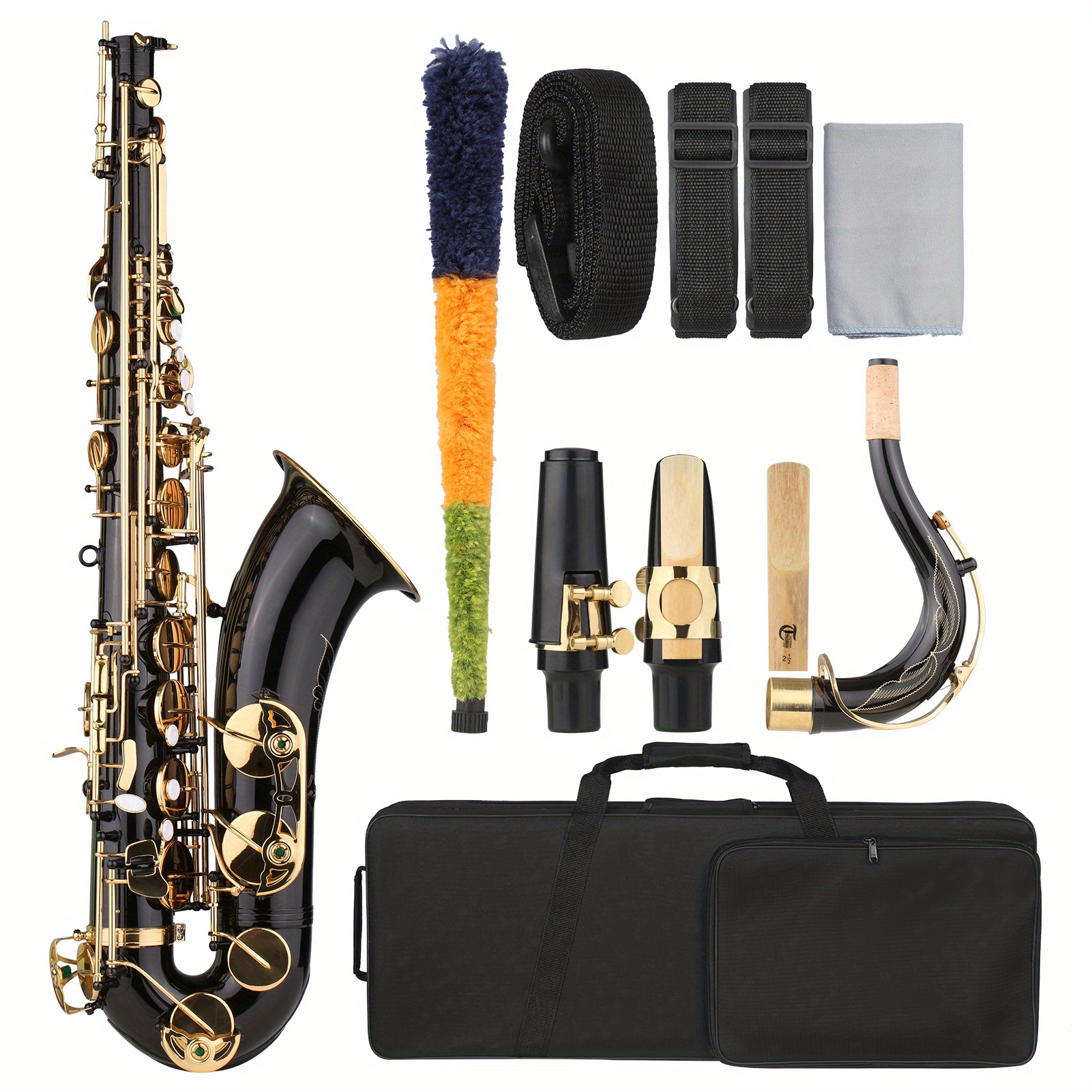 b flat   saxophone   lacquer sax with instrument case mouthpiece reed neck strap cleaning cloth brush for musicians beginners details 4