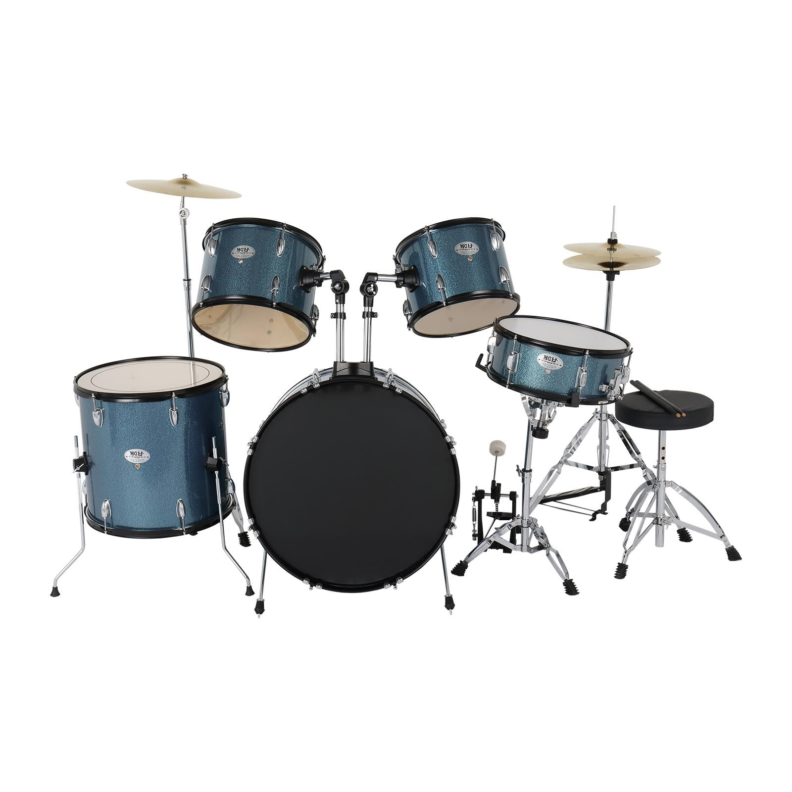 mch 22 inch drum kit for adults beginner with pedal cymbals stands stool and sticks blue details 0