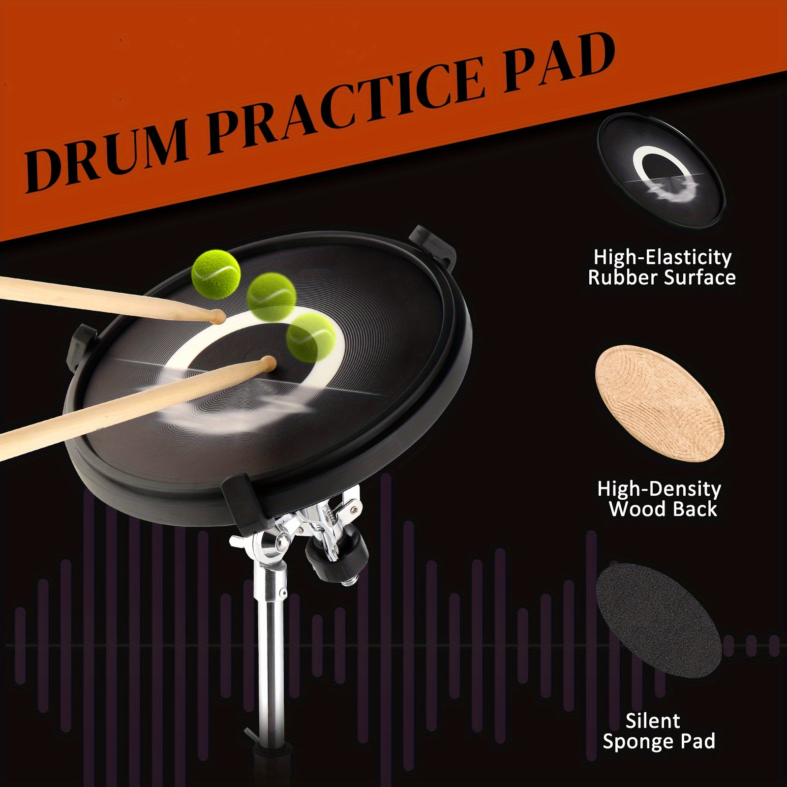 12in round silicone black practice drum with stand details 4