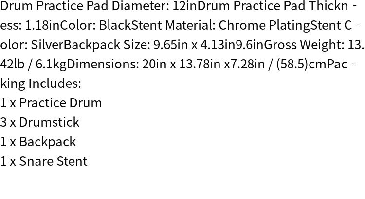 complete drum practice pad kit with snare drum simulator backpack and drumsticks includes double braced tripods high density compressed wood pad and chrome plating stent details 2