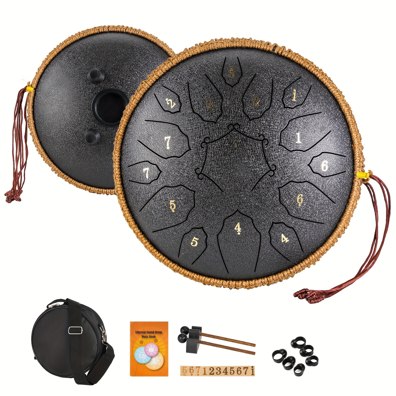 a 15 note steel tongue drum percussion instrument in the key of d corn shaped hand drum with drumsticks carrying bag and sheet   education concerts spiritual healing yoga entertainment happy eid details 0