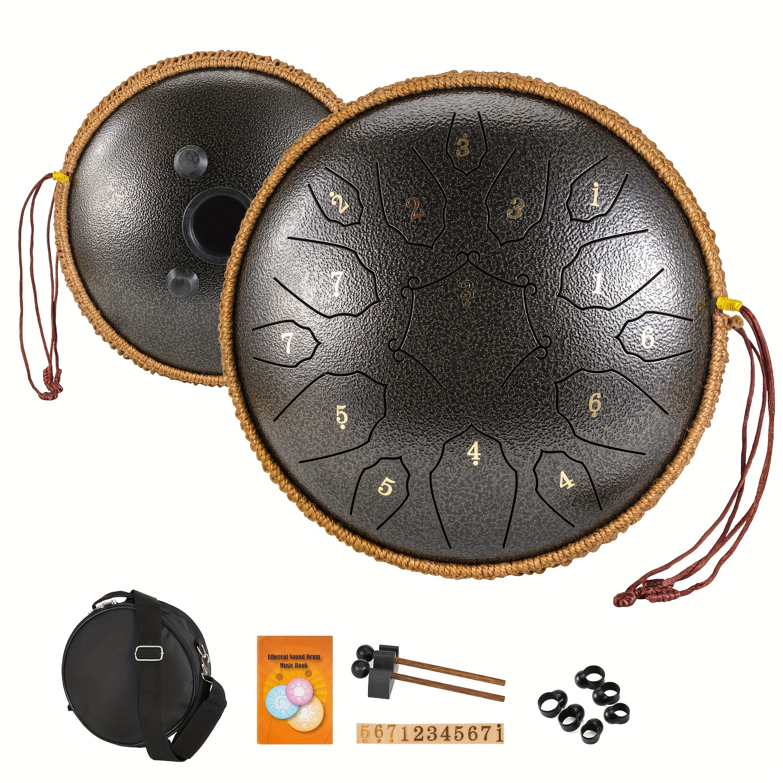 a 15 note steel tongue drum percussion instrument in the key of d corn shaped hand drum with drumsticks carrying bag and sheet   education concerts spiritual healing yoga entertainment happy eid details 6