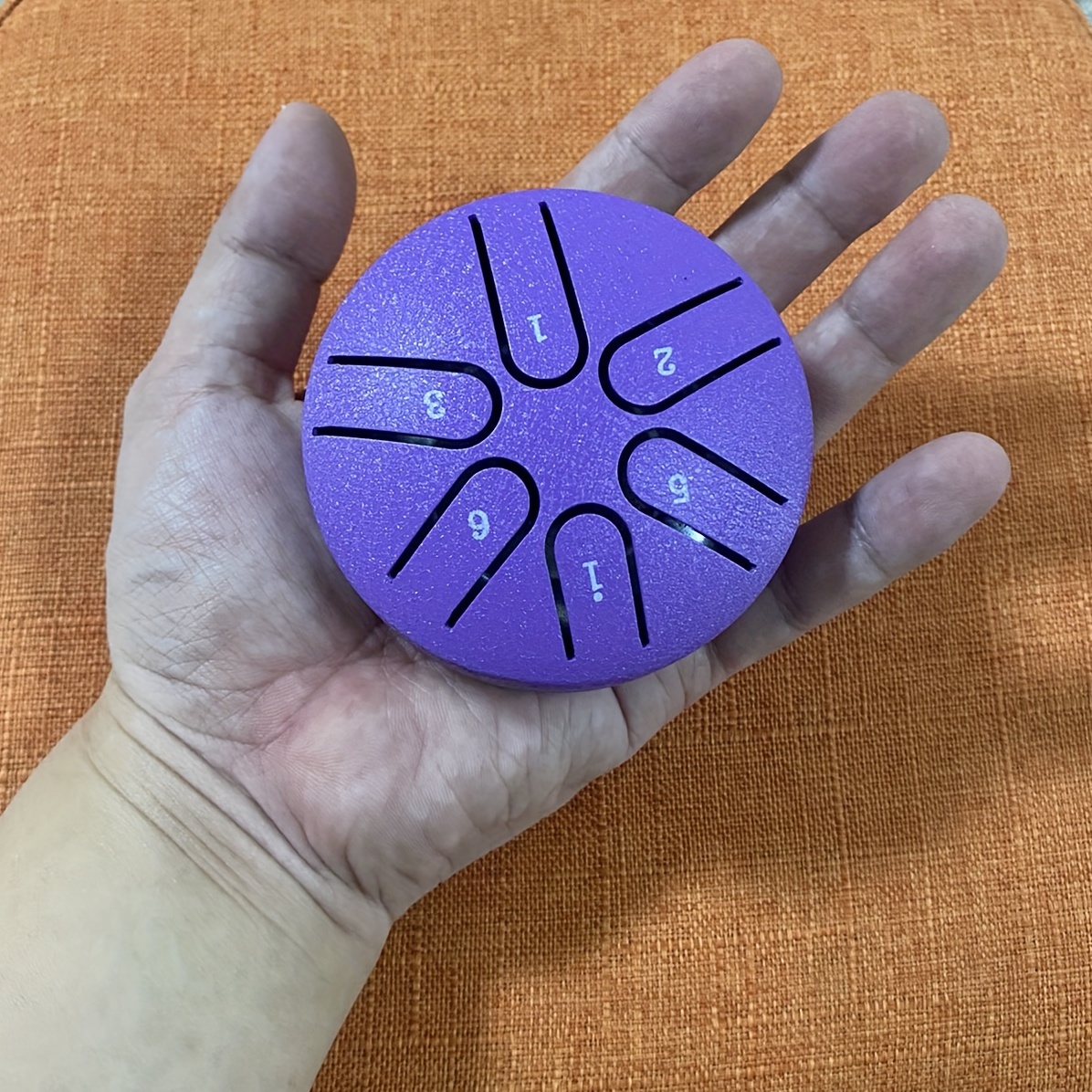 steel tongue drum ethereal drum 3 inch 6 notes steel tambourine percussion instrument portable mini hand disk with drumsticks music book note stickers for camping meditation or yoga details 3