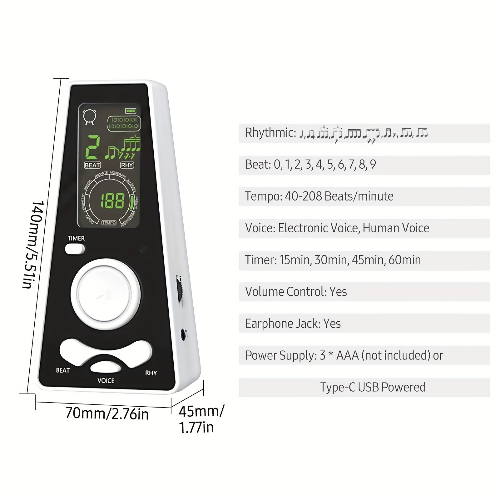 electronic digital metronome timer universal electronic metronome with volume and beat speed control battery usb cable powered details 5