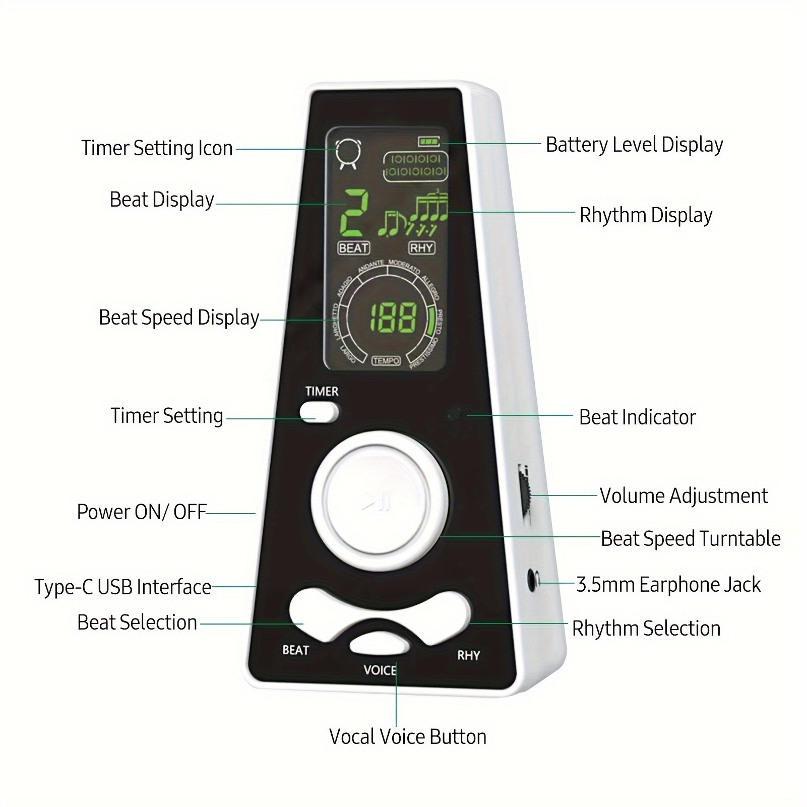 electronic digital metronome timer universal electronic metronome with volume and beat speed control battery usb cable powered details 6